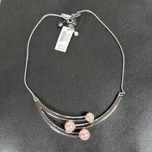 NWT White House Black Market Bib Necklace Goddess Pink Faux Pearl Silver Tone